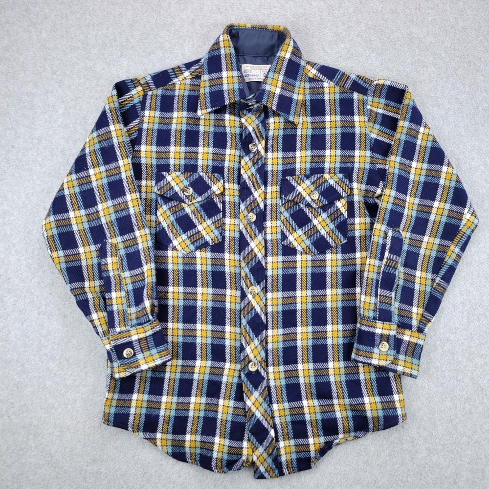 JCPenney Flannel Shirt Boys Size 8 Navy Yellow Vintage Plaid Button Down 80s